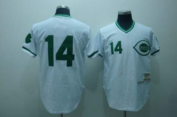Mitchell And Ness Reds #14 Pete Rose Stitched White Green Patch Throwback Jersey