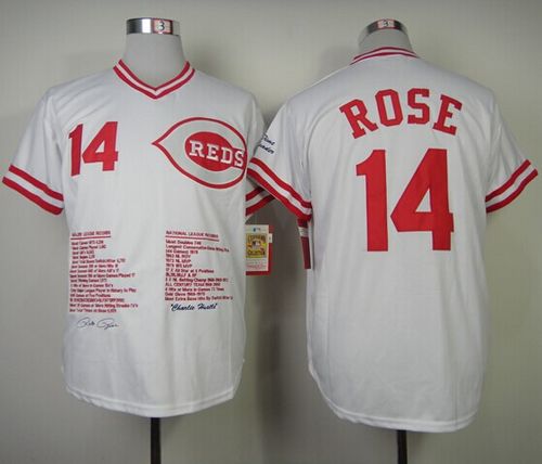 Mitchell And Ness Reds #14 Pete Rose White Commemorative Edition Stitched Jersey