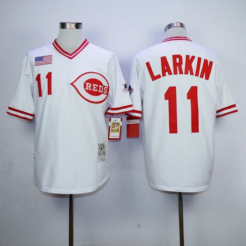 Mitchell And Ness 1990 Reds #11 Barry Larkin White Throwback Stitched Jersey