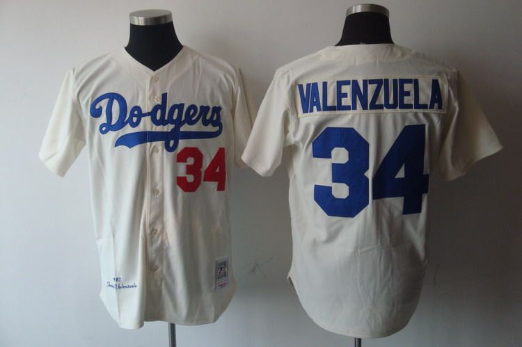 Mitchell And Ness Dodgers #34 Fernando Valenzuela Stitched Cream Jersey