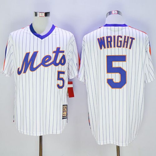 Mitchell And Ness Mets #5 David Wright White(Blue Strip) Throwback Stitched Jersey