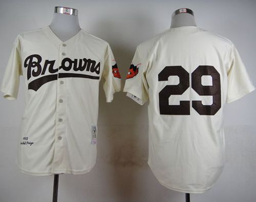 Mitchell And Ness 1953 Browns #29 Satchel Paige Cream Throwback Stitched Jersey