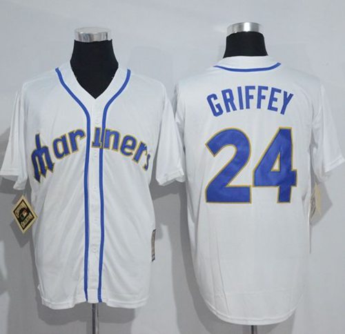 Mitchell And Ness Mariners #24 Ken Griffey White Throwback Stitched Jersey