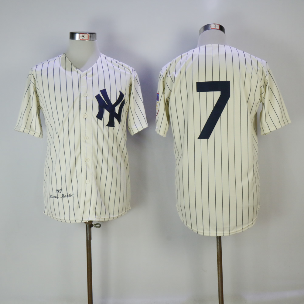 New York Yankees #7 Mickey Mantle Cream 1951 Mitchell Ness Stitched Jersey