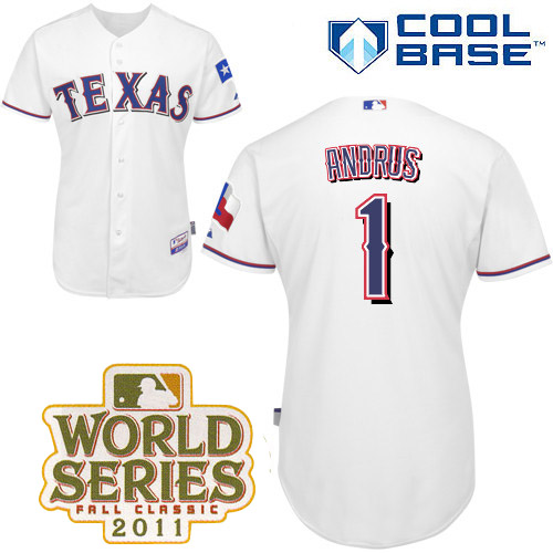 Rangers #1 Elvis Andrus White Cool Base 2011 World Series Patch Stitched Jersey