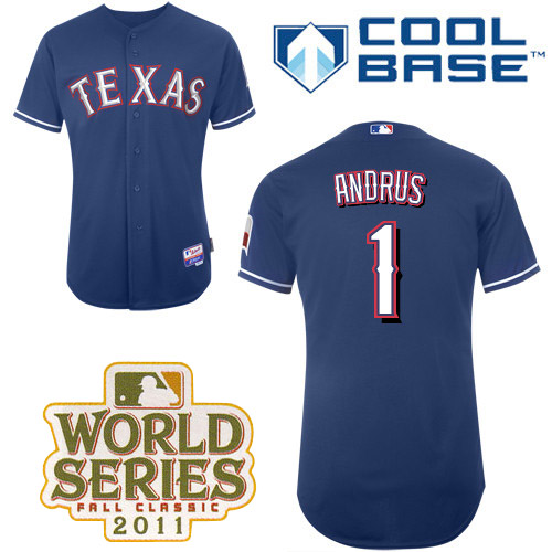 Rangers #1 Elvis Andrus Blue Cool Base 2011 World Series Patch Stitched Jersey