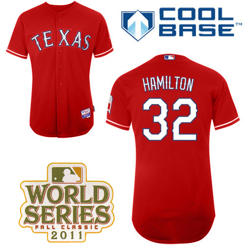 Rangers #32 Josh Hamilton Red Cool Base 2011 World Series Patch Stitched Jersey