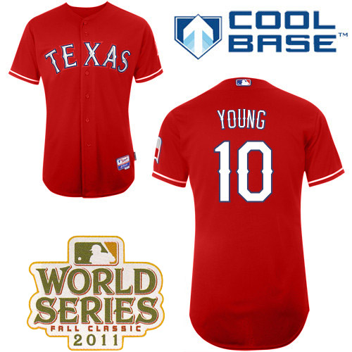 Rangers #10 Michael Young Red Cool Base 2011 World Series Patch Stitched Jersey