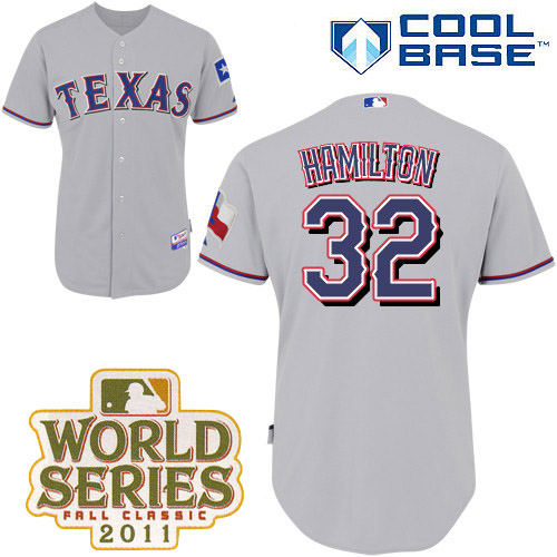 Rangers #32 Josh Hamilton Grey Cool Base 2011 World Series Patch Stitched Jersey