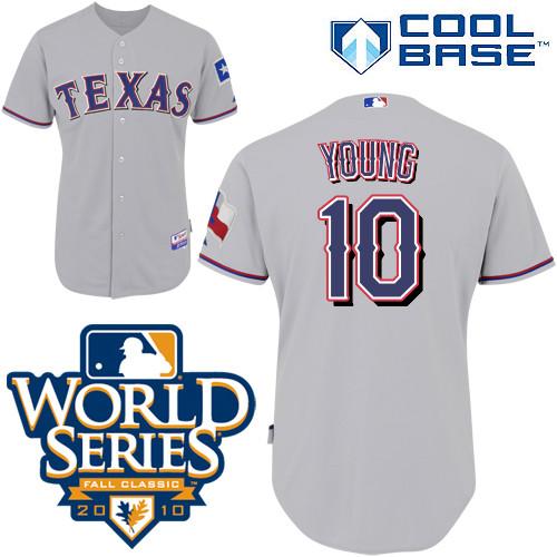 Rangers #10 Michael Young Grey Cool Base W 2010 World Series Patch Stitched Jersey