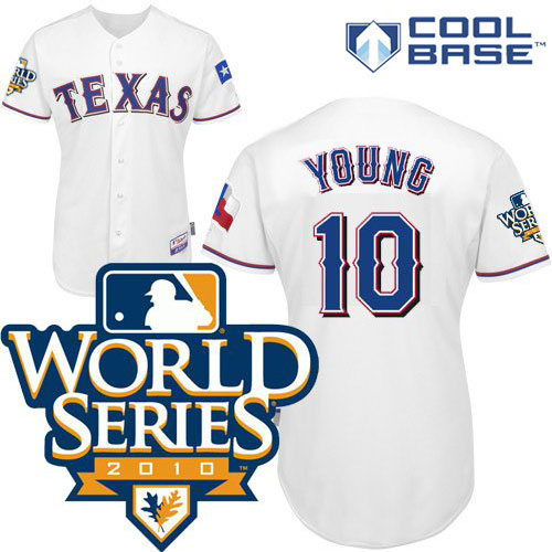 Rangers #10 Michael Young White Cool Base W 2010 World Series Patch Stitched Jersey