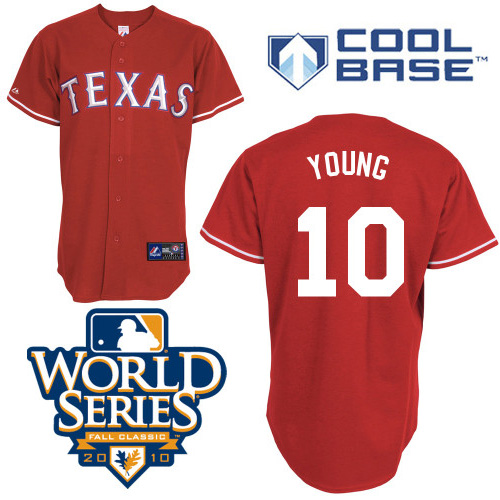 Rangers #10 Michael Young Red Cool Base W 2010 World Series Patch Stitched Jersey