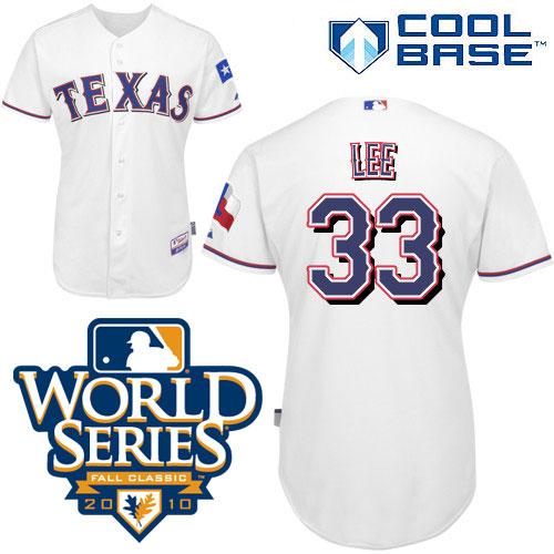 Rangers #33 Cliff Lee White Cool Base W 2010 World Series Patch Stitched Jersey
