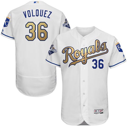 Royals #36 Edinson Volquez White 2015 World Series Champions Gold Program FlexBase Authentic Stitched Jersey