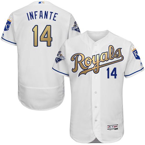 Royals #14 Omar Infante White 2015 World Series Champions Gold Program FlexBase Authentic Stitched Jersey