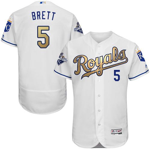 Royals #5 George Brett White 2015 World Series Champions Gold Program FlexBase Authentic Stitched Jersey