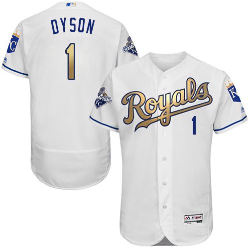 Royals #1 Jarrod Dyson White 2015 World Series Champions Gold Program FlexBase Authentic Stitched Jersey