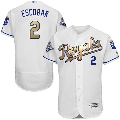 Royals #2 Alcides Escobar White 2015 World Series Champions Gold Program FlexBase Authentic Stitched Jersey