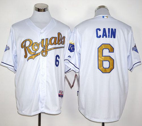 Royals #6 Lorenzo Cain White 2015 World Series Champions Gold Program Stitched Jersey