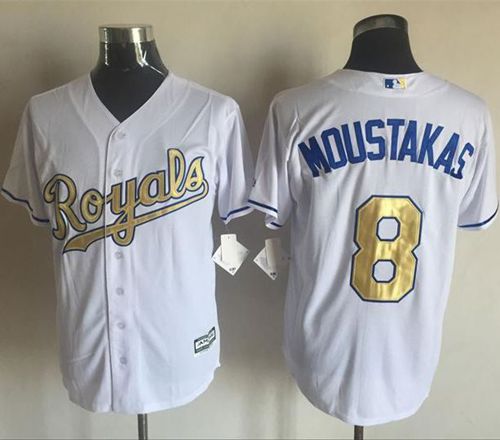 Royals #8 Mike Moustakas White New Cool Base 2015 World Series Champions Gold Program Stitched Jersey