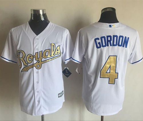 Royals #4 Alex Gordon White New Cool Base 2015 World Series Champions Gold Program Stitched Jersey