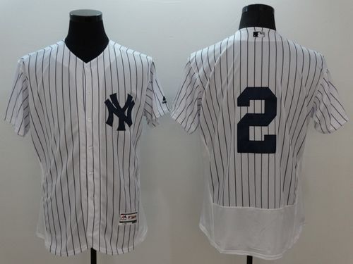 Yankees #2 Derek Jeter White Strip Flexbase Authentic Collection Stitched Jersey