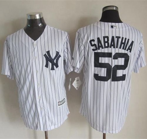 Yankees #52 C.C. Sabathia White Strip New Cool Base Stitched Jersey