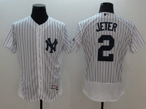 Yankees #2 Derek Jeter White Strip Flexbase Authentic Collection Name On Back Stitched Jersey