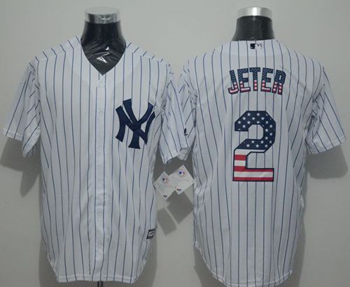 Yankees #2 Derek Jeter White Strip USA Flag Fashion Stitched Jersey