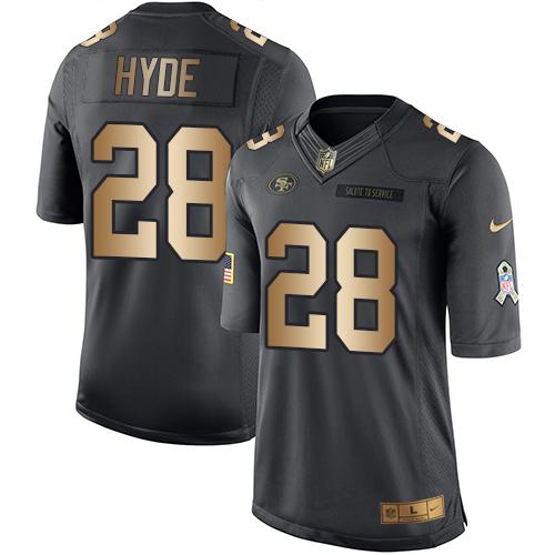 49ers #28 Carlos Hyde Black Stitched Limited Gold Salute To Service Nike Jersey
