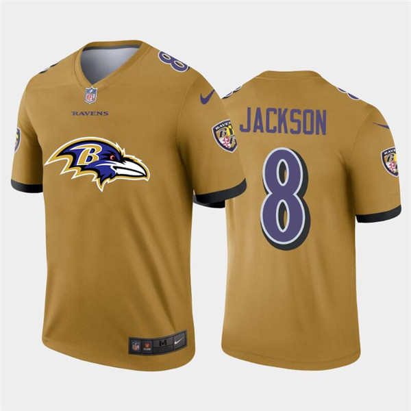 Baltimore Ravens #8 Lamar Jackson 2020 Team Big Logo Gold Stitched Jersey