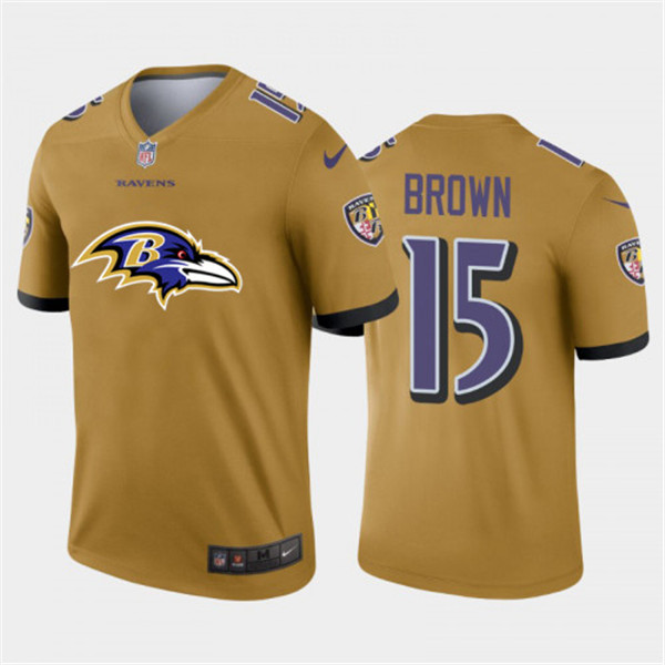 Baltimore Ravens #15 Marquise Brown II Gold 2020 Team Big Logo Inverted Legend Stitched Jersey
