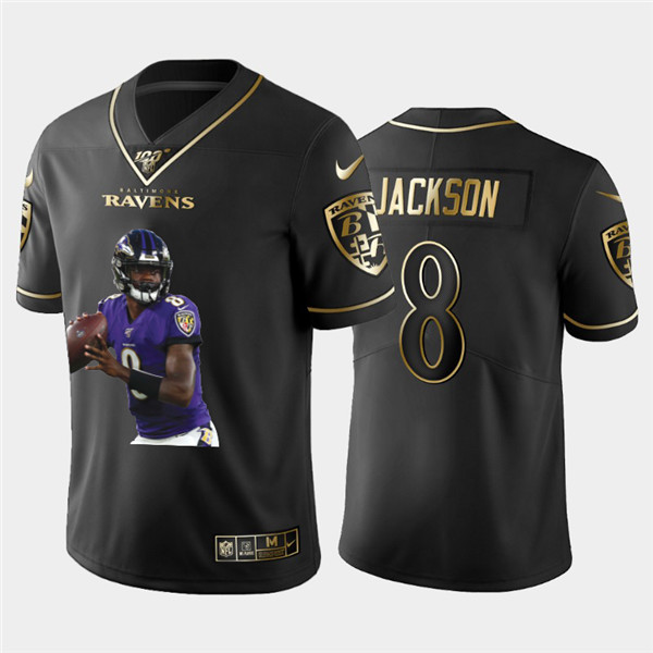 Baltimore Ravens #8 Lamar Jackson Black Golden 100th Season Portrait Edition Jersey
