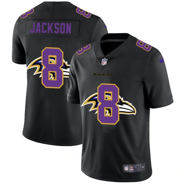 Baltimore Ravens #8 Lamar Jackson 2020 Black Shadow Logo Limited Stitched Jersey