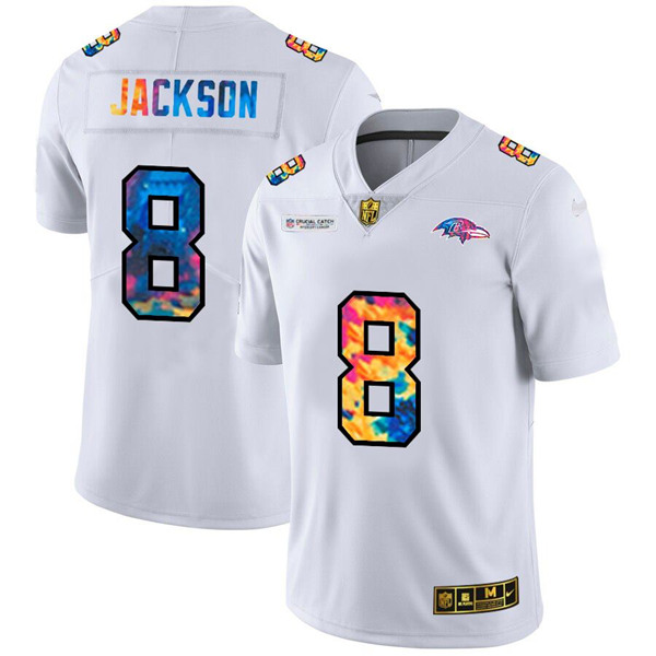 Baltimore Ravens #8 Lamar Jackson 2020 White Crucial Catch Limited Stitched Jersey