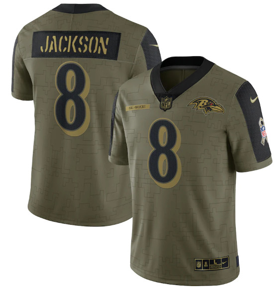 Baltimore Ravens #8 Lamar Jackson 2021 Olive Salute To Service Limited Stitched Jersey