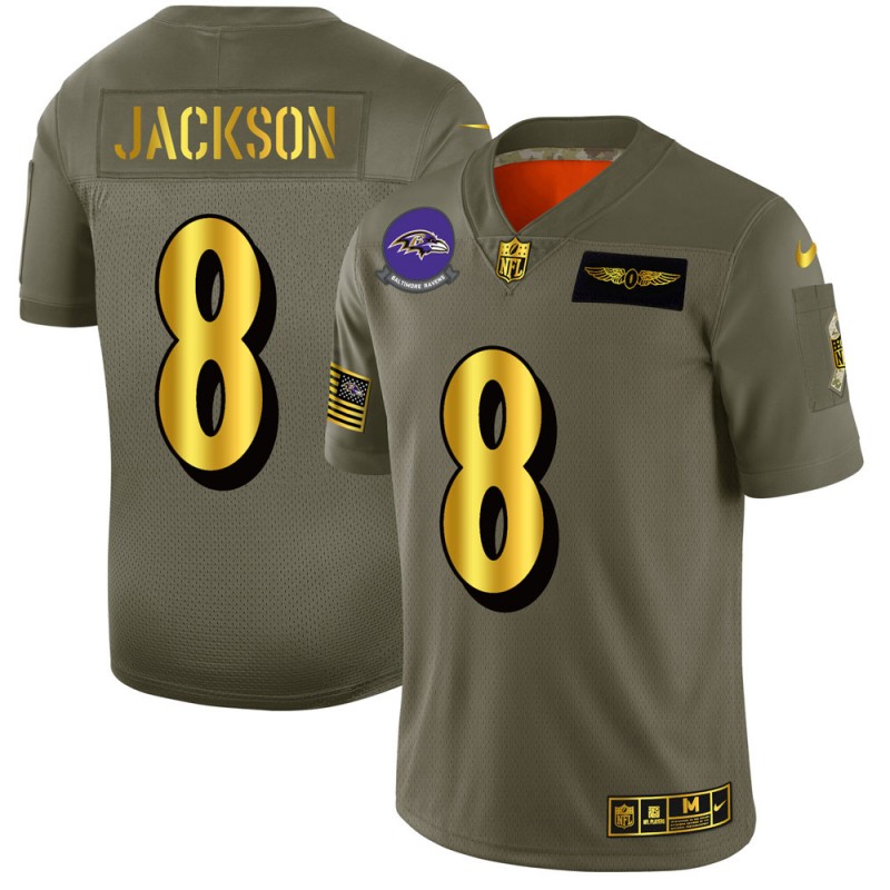 Baltimore Ravens #8 Lamar Jackson 2019 Olive Gold Salute To Service Limited Stitched Jersey