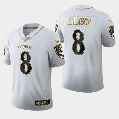 Baltimore Ravens #8 Lamar Jackson White 2019 100th Season Golden Edition Limited Stitched Jersey