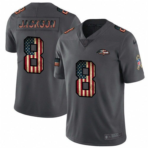 Baltimore Ravens #8 Lamar Jackson Grey 2019 Salute To Service USA Flag Fashion Limited Stitched Jersey