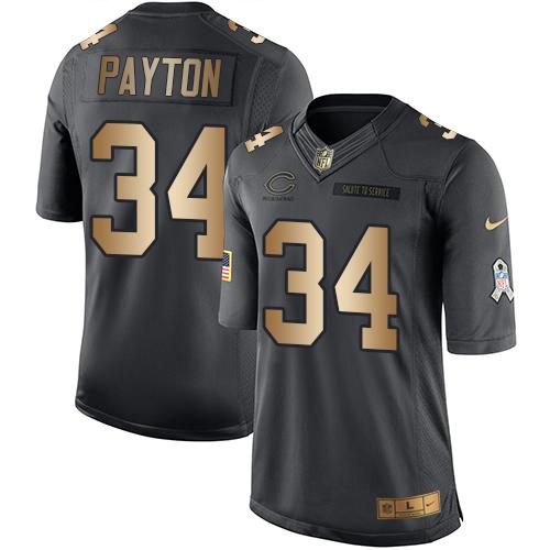 Bears #34 Walter Payton Black Stitched Limited Gold Salute To Service Nike Jersey