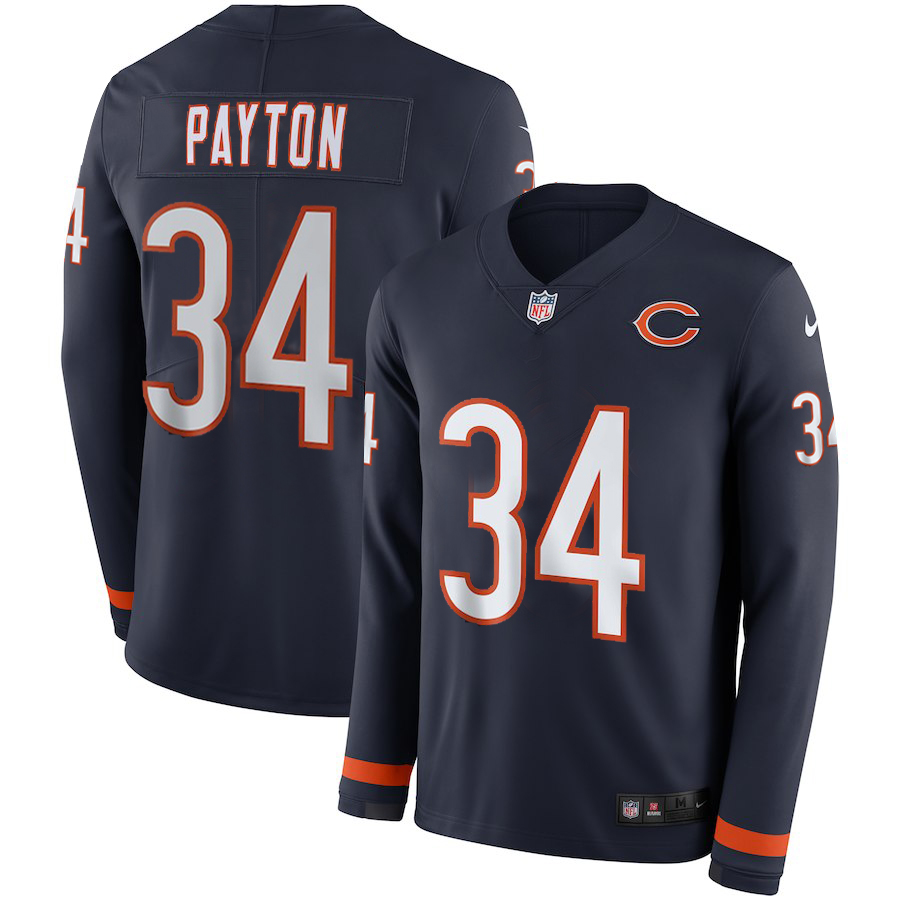 Bears #34 Walter Payton Navy Therma Long Sleeve Stitched Jersey