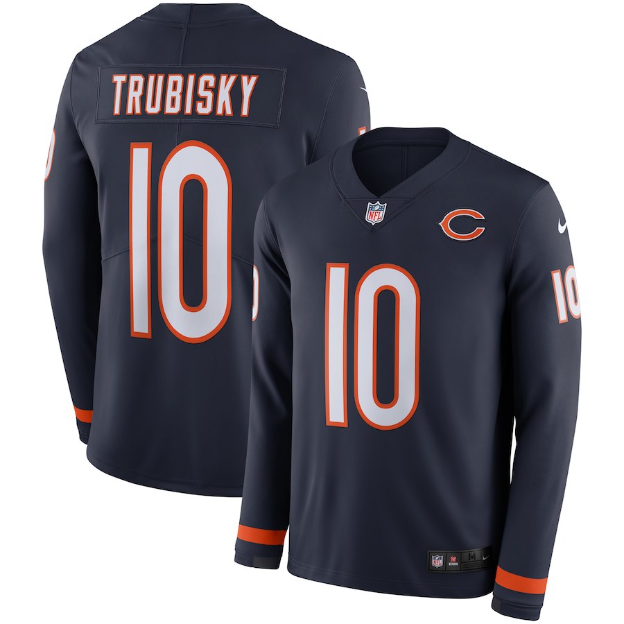 Bears #10 Mitchell Trubisky Navy Therma Long Sleeve Stitched Jersey