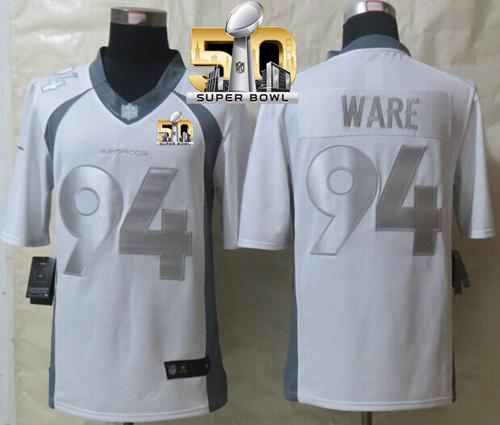 Broncos #94 DeMarcus Ware White Super Bowl 50 Stitched Limited Platinum Nike Jersey
