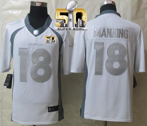 Broncos #18 Peyton Manning White Super Bowl 50 Stitched Limited Platinum Nike Jersey