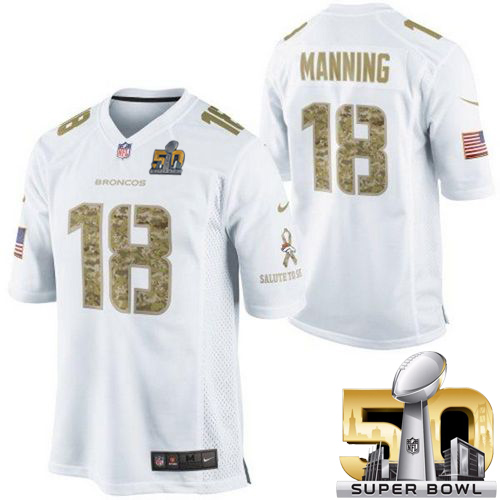 Broncos #18 Peyton Manning White Super Bowl 50 Stitched Limited Salute To Service Nike Jersey