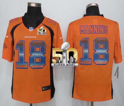 Broncos #18 Peyton Manning Orange Team Color Super Bowl 50 Stitched Limited Strobe Nike Jersey