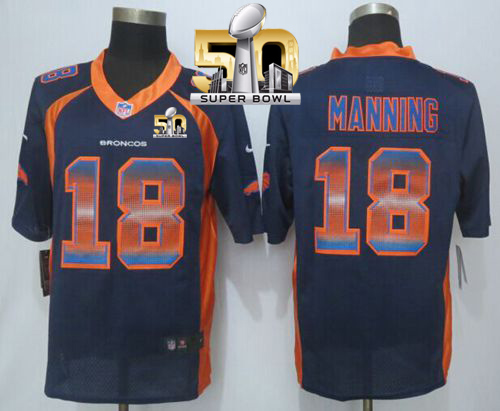 Broncos #18 Peyton Manning Navy Blue Alternate Super Bowl 50 Stitched Limited Strobe Nike Jersey