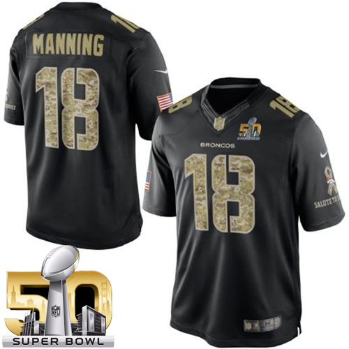 Broncos #18 Peyton Manning Black Super Bowl 50 Stitched Limited Salute To Service Nike Jersey