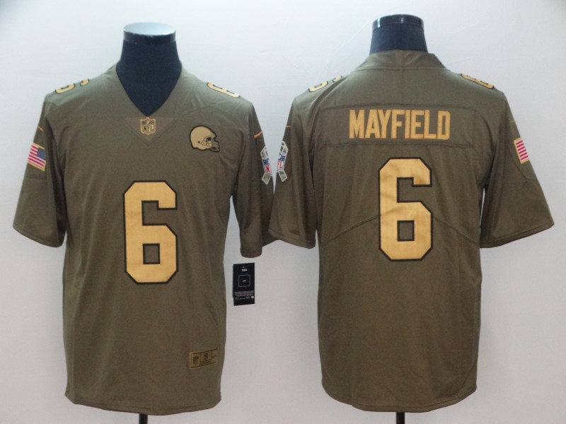 Browns #6 Baker Mayfield Gold Anthracite Olive Salute To Service Limited Stitched Jersey