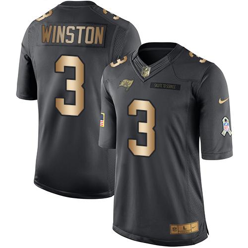 Buccaneers #3 Jameis Winston Black Stitched Limited Gold Salute To Service Nike Jersey
